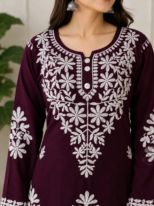 Wine_Rayon_Cotton_Chikankari_Embroidery_Kurta_With_Palazzo_For_Women