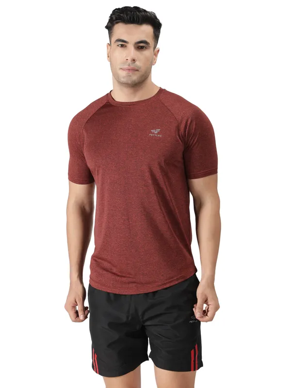 Rust_Red_Polyester_Sleeve_Melange_T-Shirt_For_Men