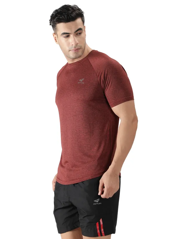 Rust_Red_Polyester_Sleeve_Melange_T-Shirt_For_Men