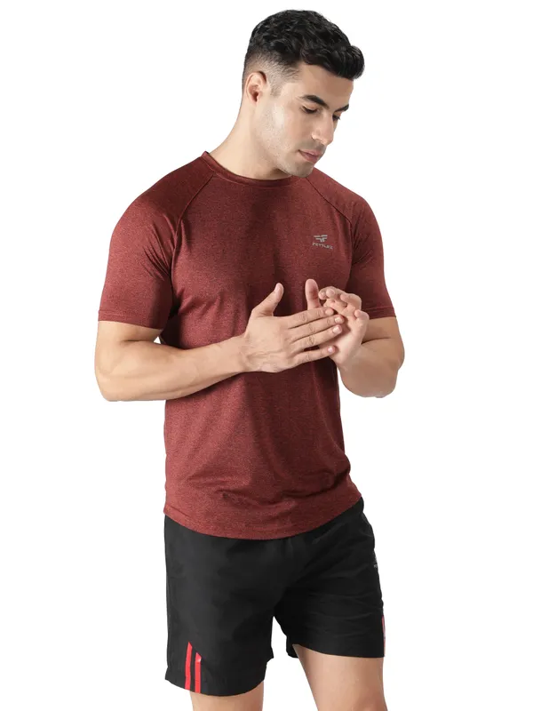 Rust_Red_Polyester_Sleeve_Melange_T-Shirt_For_Men