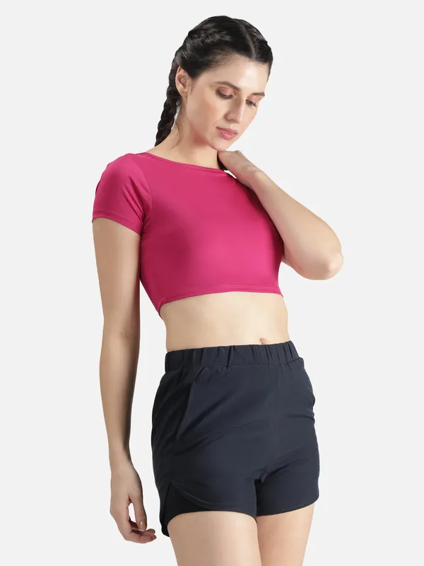 Magenta_Polyester_Sleeve_Warrior_Crop_T_Shirt_For_Women