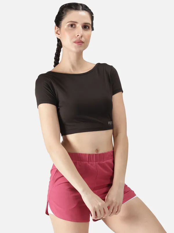 Black_Polyester_Sleeve_Warrior_Crop_T_Shirt_For_Women