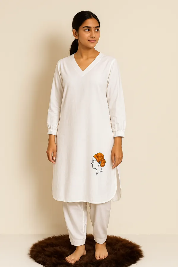 White_Cotton_Hand_Embroidered_Designer_Kurta_&_Pant_Set_For_Women_&_Girls
