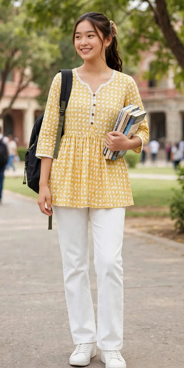 AM_Style_Casual_Checkered_Women_Mustard_&_White_Colour_Top