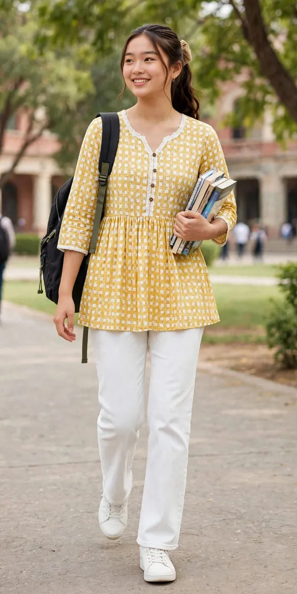 AM_Style_Casual_Checkered_Women_Mustard_&_White_Colour_Top