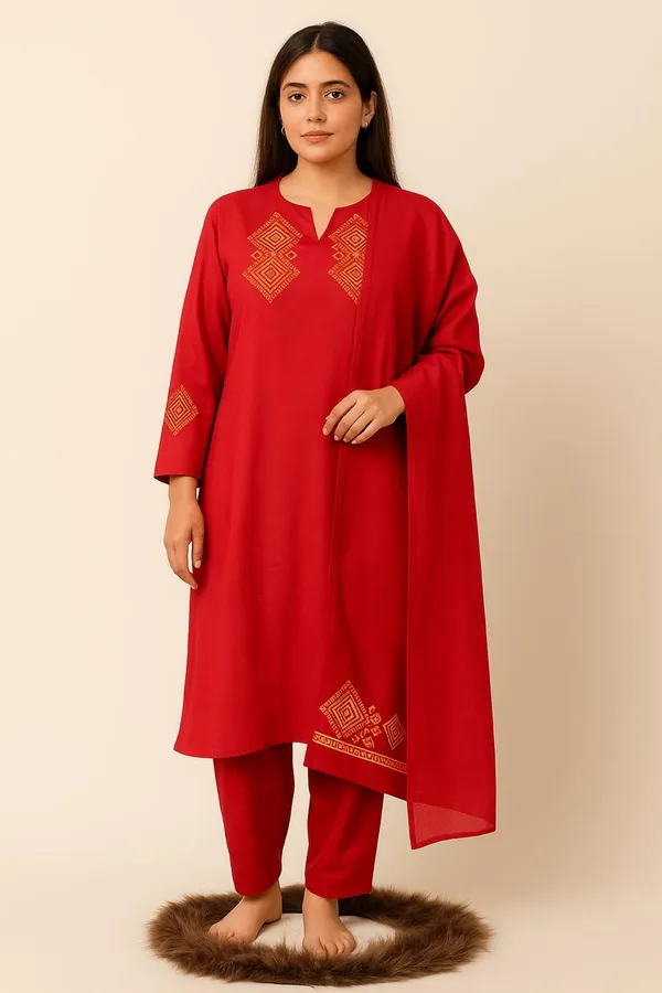 Red_Cotton_Kurta,_Pant_&_Dupatta_Set_For_Women_&_Girls