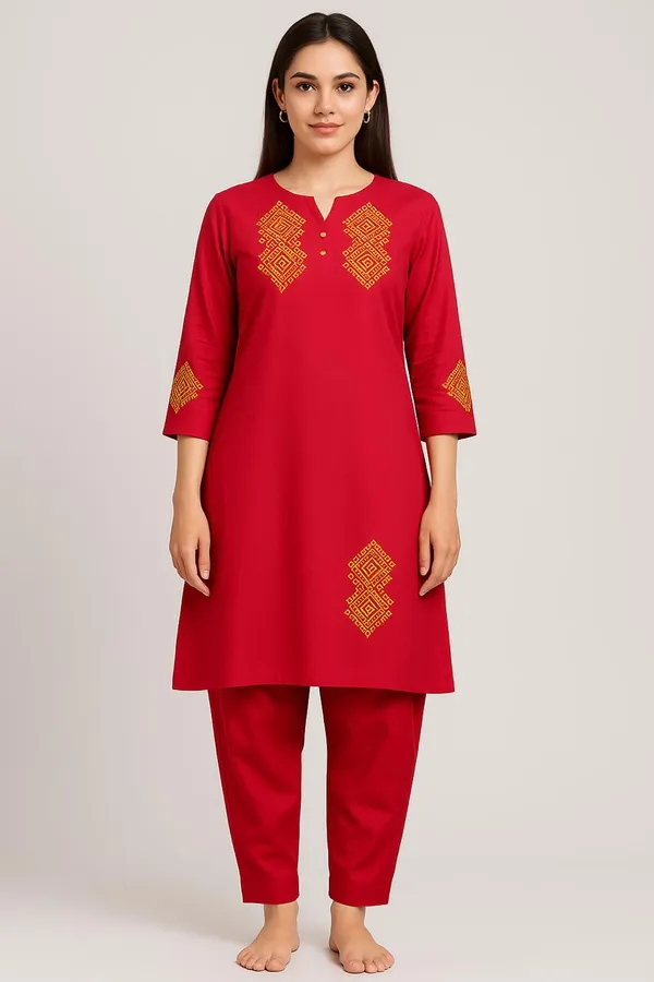 Red_Cotton_Kurta,_Pant_&_Dupatta_Set_For_Women_&_Girls