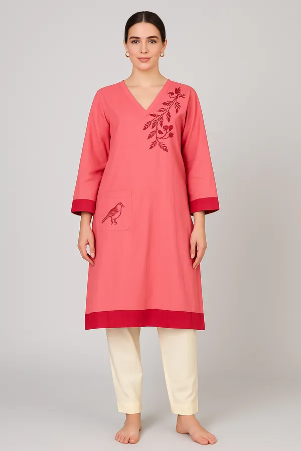 Skin_&_Maroon_Hand_Embroidered_Cotton_Kurta__For_Women