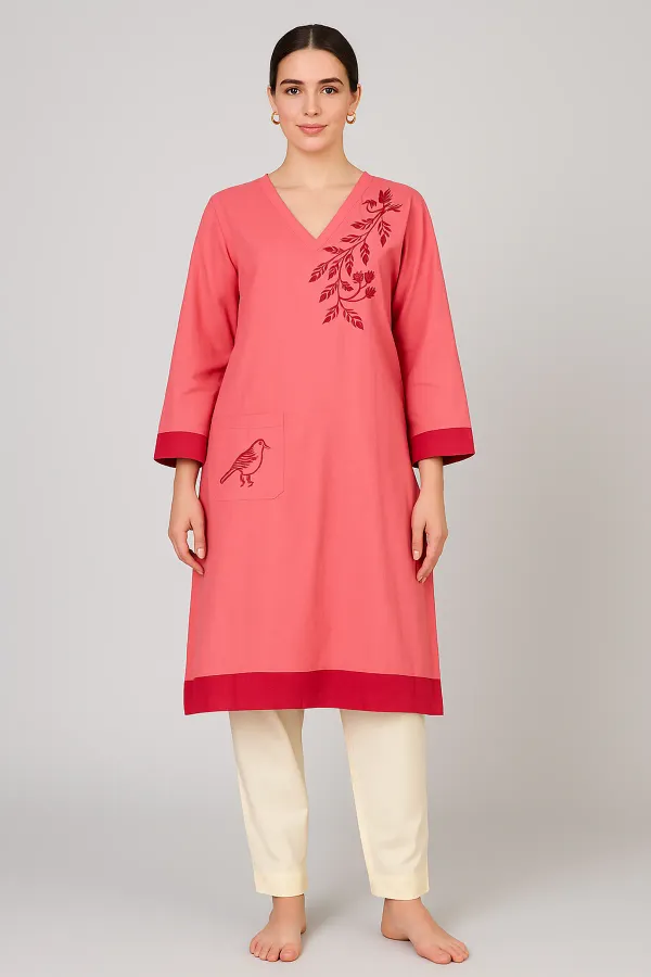 Skin_&_Maroon_Cotton_Hand_Embroidered_Kurta_With_Pant_For_Women