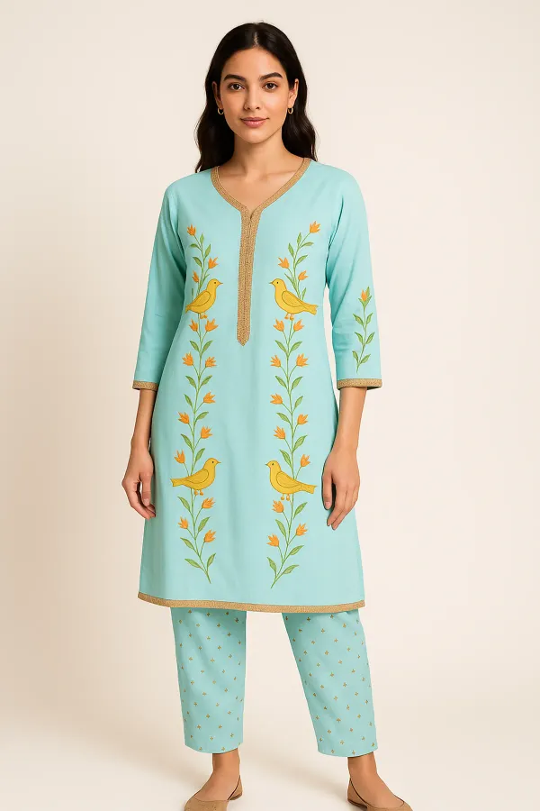 Powder_Blue_Hand_Embroidered_Cotton_Kurta_With_Pant_For_Women_&_Girls