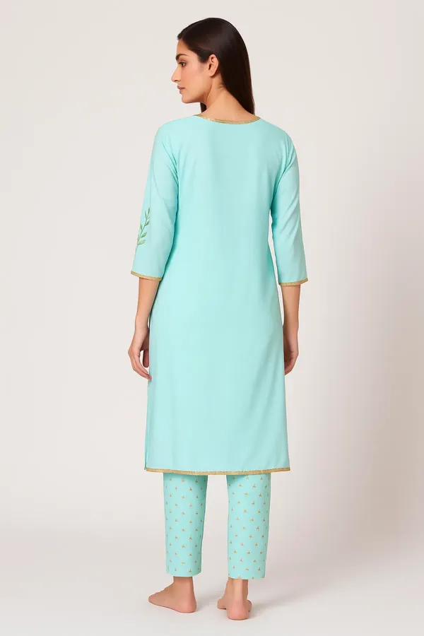 Powder_Blue_Hand_Embroidered_Cotton_Kurta_With_Pant_For_Women_&_Girls