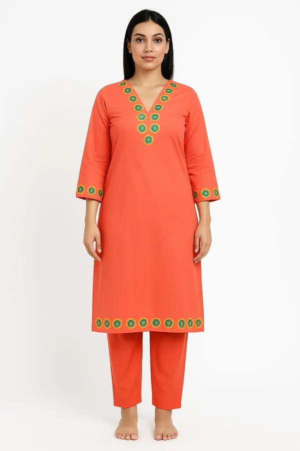 Rusty_Brown_Hand_Embroidered_Cotton_Kurta,_Pant_&_Dupatta_Set_For_Women_&_Girls