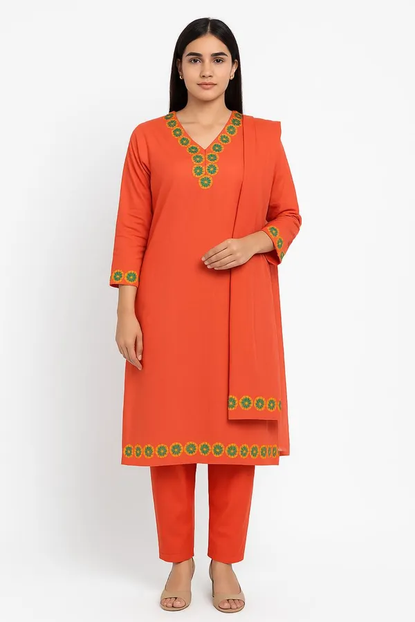 Rusty_Brown_Hand_Embroidered_Cotton_Kurta,_Pant_&_Dupatta_Set_For_Women_&_Girls