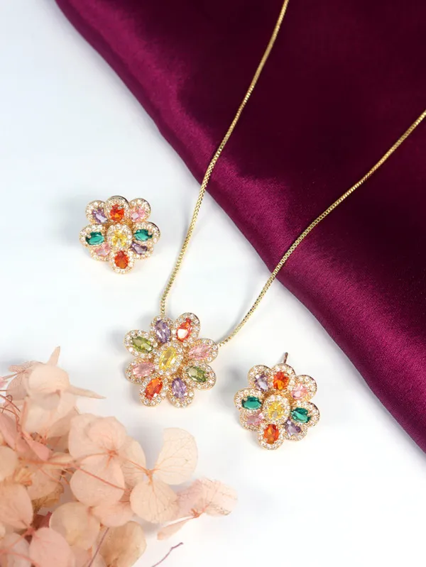 Multicolor_Stainless_Steel_18-Carat_Gold_Polish_Radiant_Bloom_Pendant_Set_For_Women