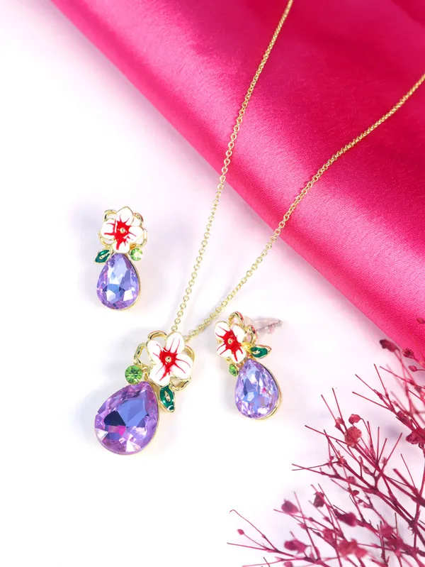 Multicolor_Stainless_Steel_18-Carat_Gold_Polish_Lavender_Bloom_Pendant_Set_For_Women