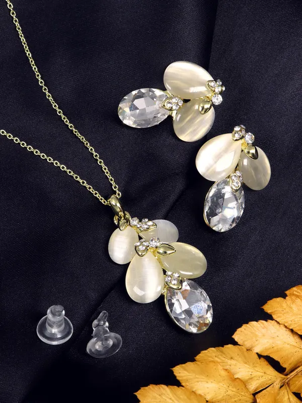 Multicolor_Stainless_Steel_18-Carat_Gold_Polish_Pearl_Leaf_Drop_Set_For_Women