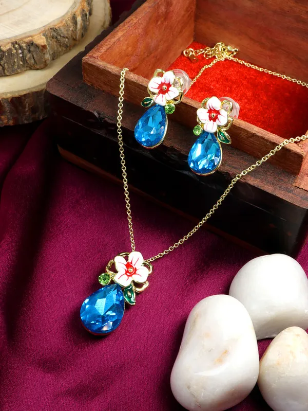 Multicolor_Stainless_Steel_18-Carat_Gold_Polish_Blue_Blossom_Set_For_Women