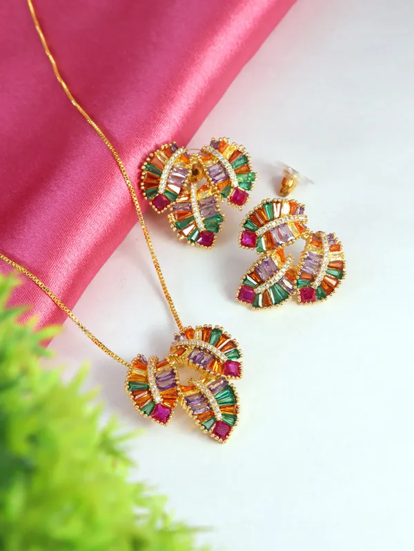Multicolor_Stainless_Steel_18-Carat_Gold_Polish_Rainbow_Leaf_Set_For_Women