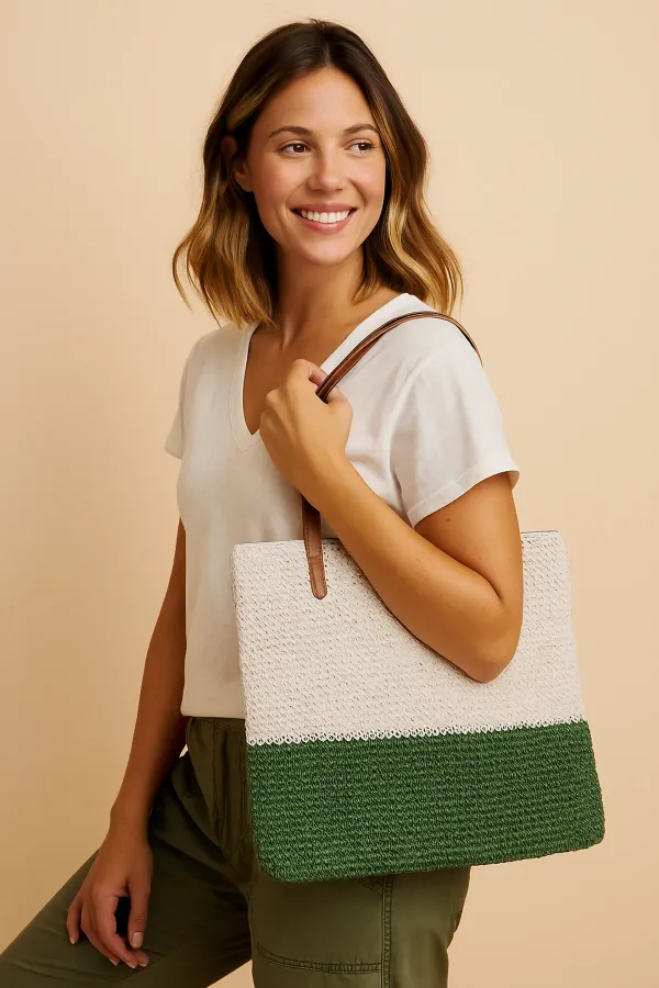 White_&_Green_Raffia_Premium_&_Elegant_Tote_For_Women