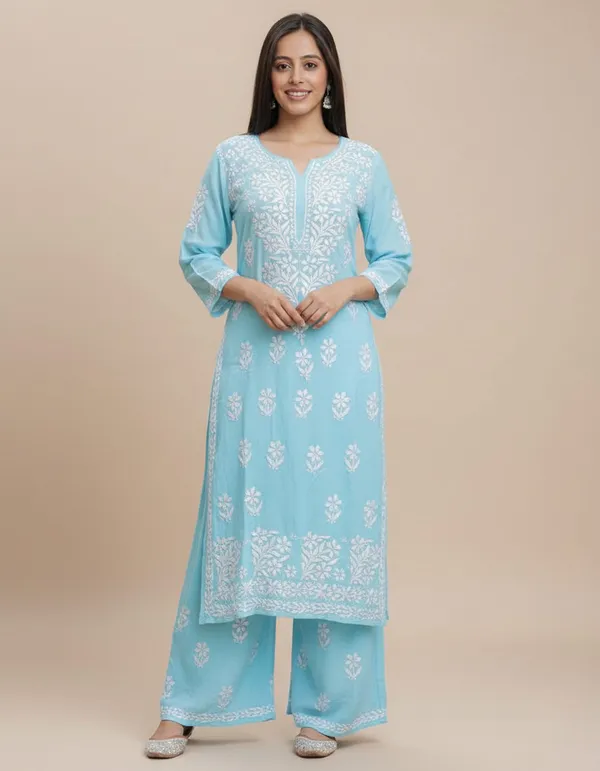Sky_Blue_Soft_Rayon_Kurti_Set_For_Women
