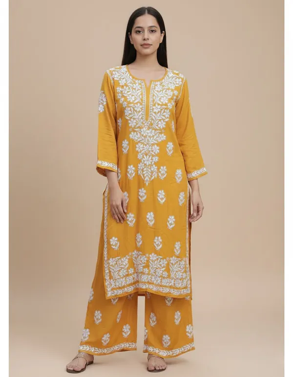 Yellow_Soft_Rayon_Kurti_Set_For_Women