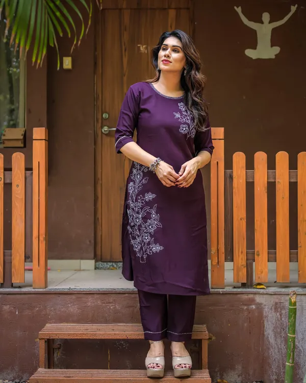 Deep_Wine_Cotton_Blend_Floral_Embroidered_Kurta_with_Pant_|_For_Women