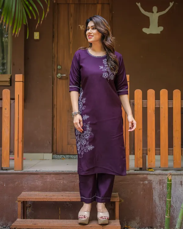 Deep_Wine_Cotton_Blend_Floral_Embroidered_Kurta_with_Pant_|_For_Women