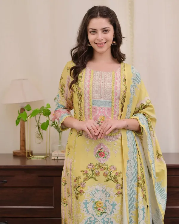 Yellow_Muslin_Floral_Print_Kurta_With_Pant_&_Dupatta_Set_|_For_Women