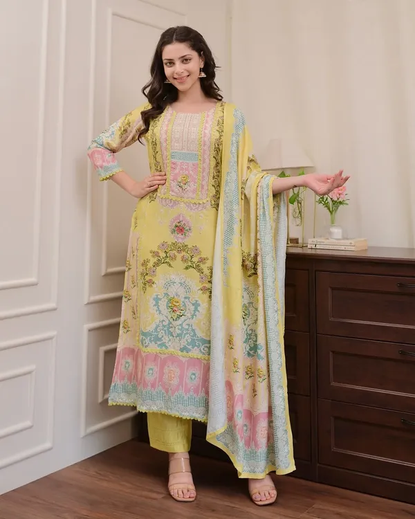 Yellow_Muslin_Floral_Print_Kurta_With_Pant_&_Dupatta_Set_|_For_Women