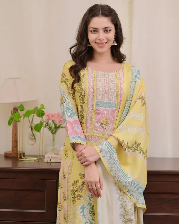 Yellow_Muslin_Floral_Print_Kurta_With_Pant_&_Dupatta_Set_|_For_Women