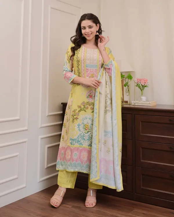 Yellow_Muslin_Floral_Print_Kurta_With_Pant_&_Dupatta_Set_|_For_Women