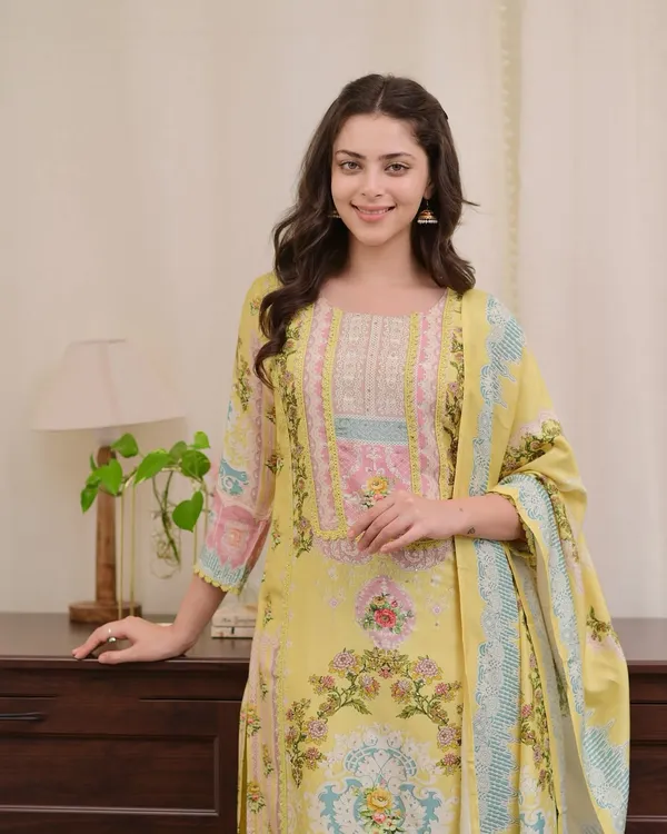 Yellow_Muslin_Floral_Print_Kurta_With_Pant_&_Dupatta_Set_|_For_Women