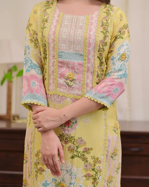 Yellow_Muslin_Floral_Print_Kurta_With_Pant_&_Dupatta_Set_|_For_Women