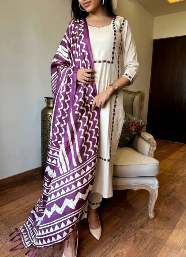 Cream_And_Purple_Khadi_Cotton_Thread_Embroidered_Kurta_With_Pant_And_Dupatta_For_Women