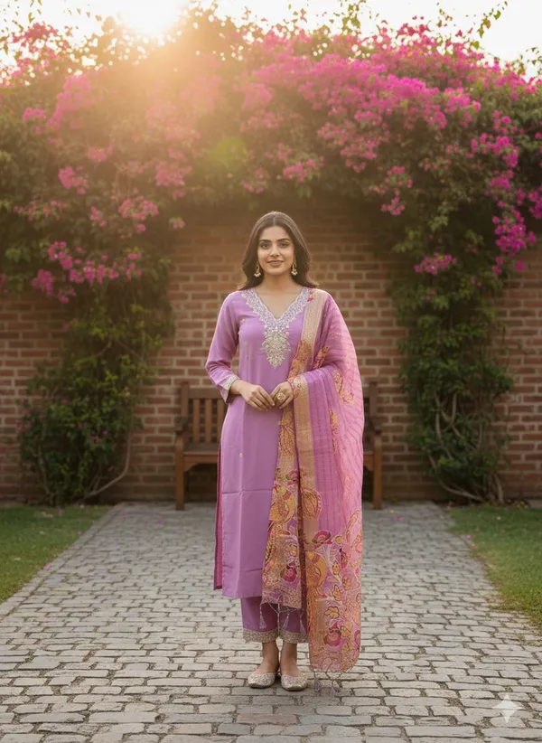 Lavender_Roman_Silk_Kurti_Pant_Set_With_Chanderi_Dupatta_For_Women