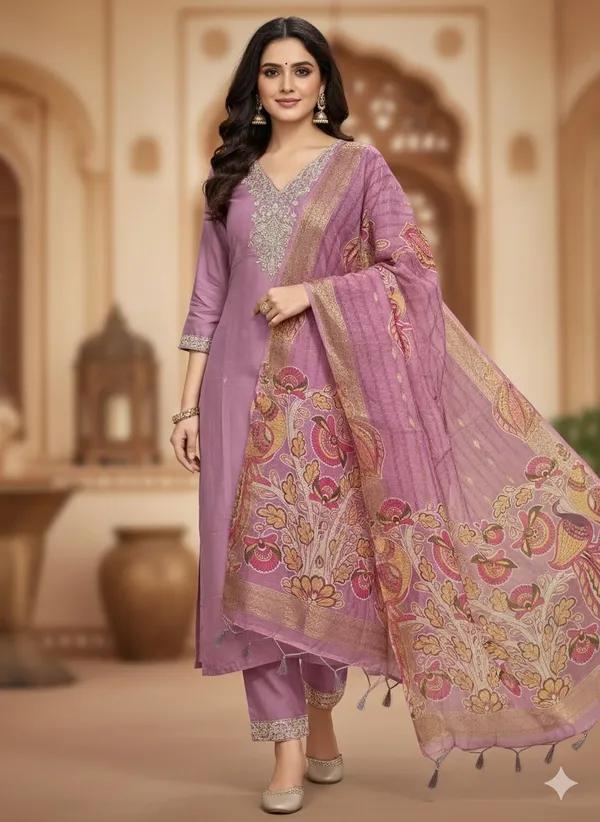 Women Rama Roman Silk Chanderi Lace Border work Kurta Set With Dupatta