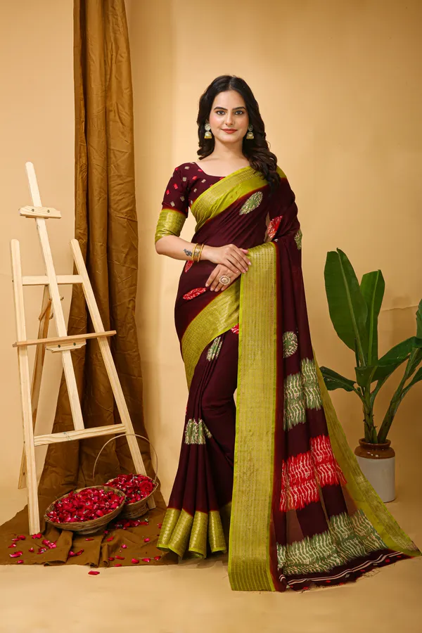 Brown_&_Green_Marshmallow_Fabric_Saree_With_Unstitched_Blouse_Piece