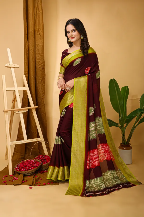 Brown_&_Green_Marshmallow_Fabric_Saree_With_Unstitched_Blouse_Piece