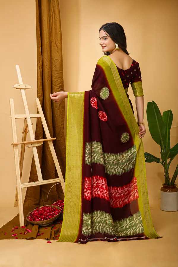 Brown_&_Green_Marshmallow_Fabric_Saree_With_Unstitched_Blouse_Piece