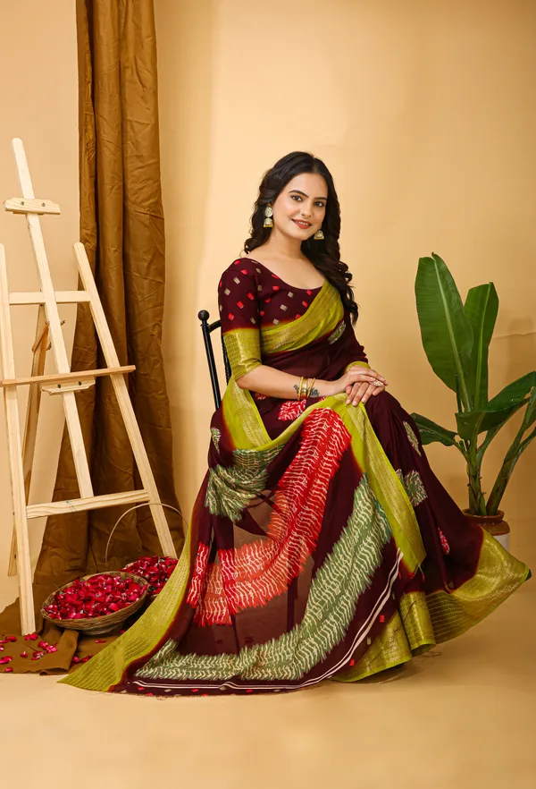 Brown_&_Green_Marshmallow_Fabric_Saree_With_Unstitched_Blouse_Piece