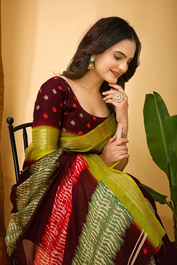 Brown_&_Green_Marshmallow_Fabric_Saree_With_Unstitched_Blouse_Piece