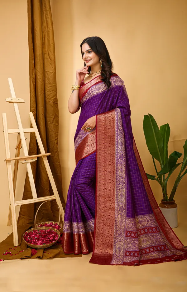 Purple_Marshmallow_Fabric_Saree_With_Unstitched_Blouse_Piece