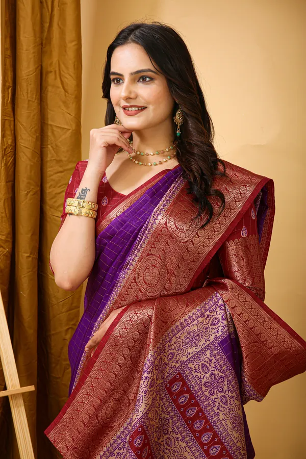Purple_Marshmallow_Fabric_Saree_With_Unstitched_Blouse_Piece