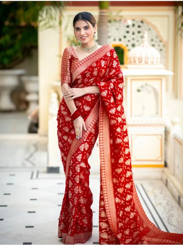 Red_With_Golden_Buta_Banarasi_Silk_Blend_Saree_With_Unstitched_Blouse_Piece