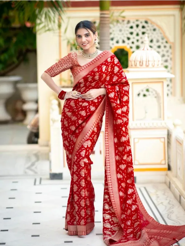 Red_With_Golden_Buta_Banarasi_Silk_Blend_Saree_With_Unstitched_Blouse_Piece