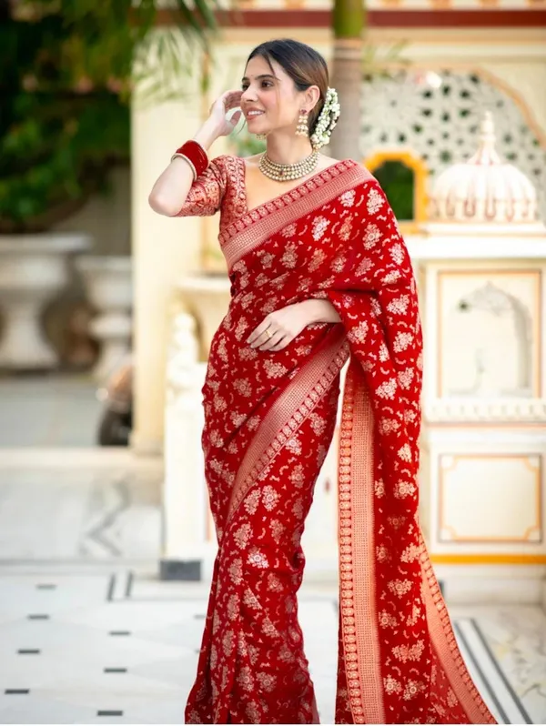 Red_With_Golden_Buta_Banarasi_Silk_Blend_Saree_With_Unstitched_Blouse_Piece
