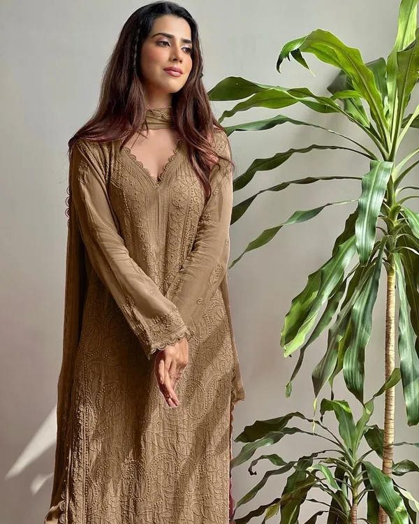 Brown_Georgette_Chikankari_Embroidered_Kurta_Pant_Dupatta_Set_For_Women