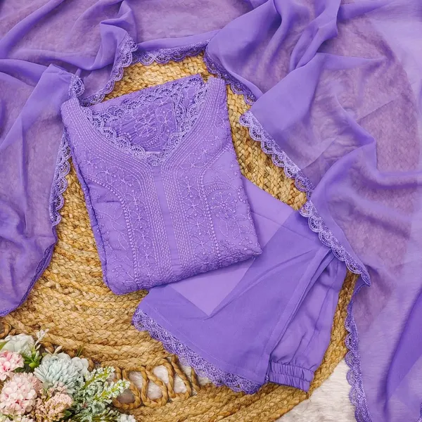Lavender_Georgette_Chikankari_Embroidered_Kurta_Pant_Dupatta_Set_For_Women