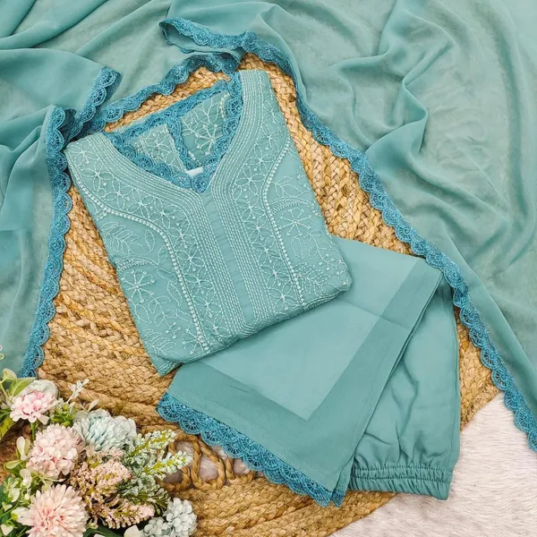 Pastel_Teal_Georgette_Chikankari_Embroidered_Kurta_Pant_Dupatta_Set_For_Women