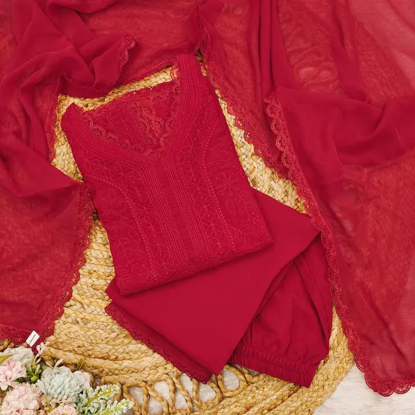 Red_Georgette_Chikankari_Embroidered_Kurta_Pant_Dupatta_Set_For_Women